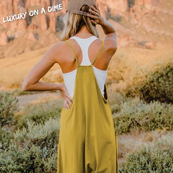 Oversized Hippie V-Neck Sleeveless Wide Leg Pant Pocket Jumpsuit Bohemian Outfit - Picture 4 of 7